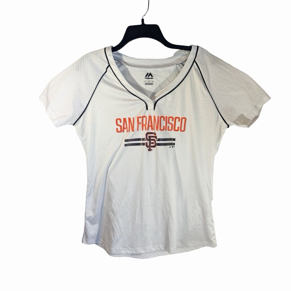 San Francisco Giants Jersey Women's Size L White MLB  Majestic Mesh Short Sleeve